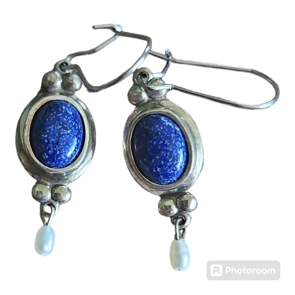 Lapis, Sterling Silver, Freshwater Pearl Drop Earrings - Picture 4 of 4